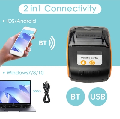 Picture of Portable Receipt Printer 58mm Mini Thermal Printing Wireless BT USB Mobile Printer with 2 Inch Thermal Paper Roll Compatible with Android/iOS/Windows System for Small Business Restaurant Retail Store - Orange