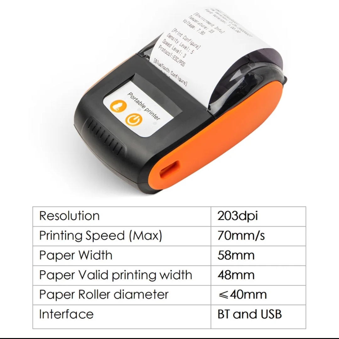 Picture of Portable Receipt Printer 58mm Mini Thermal Printing Wireless BT USB Mobile Printer with 2 Inch Thermal Paper Roll Compatible with Android/iOS/Windows System for Small Business Restaurant Retail Store - Orange