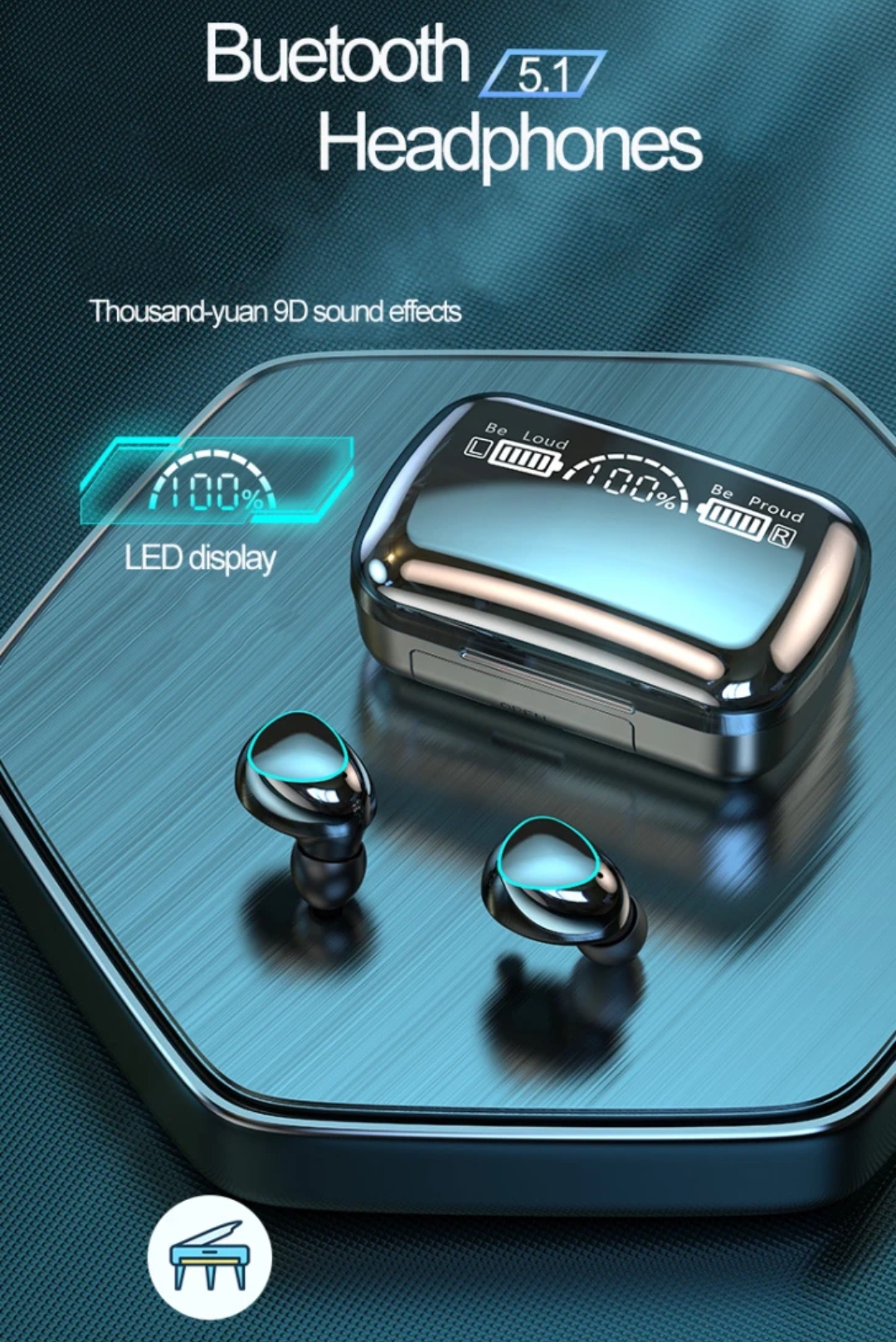 Picture of Mocho M10 TWS Bluetooth Wireless Headphones with Charging Box - Waterproof, Stereo Sound, High-Quality Base - Black