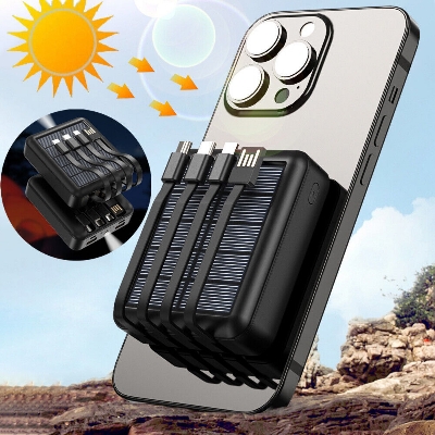 Picture of Smart 10000mAh Solar System Power Bank With Type B Type C Lightning Port & USB Port Supported High Quality - Black