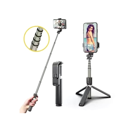 Picture of R1s Bluetooth Selfie Stick Tripod with Remote and LED Light 3 in 1 Adjustable Stand Compatible with Smartphones and GoPro Black - Black