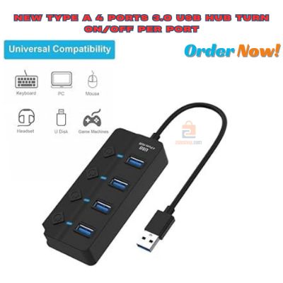 Picture of New Type A 4 Ports 3.0 USB HUB Turn on/Off per Port 5 Gbps LED Indication Black 4 Port USB Hub For PC Computer laptop smart[hones high speed data transfer supported - Black