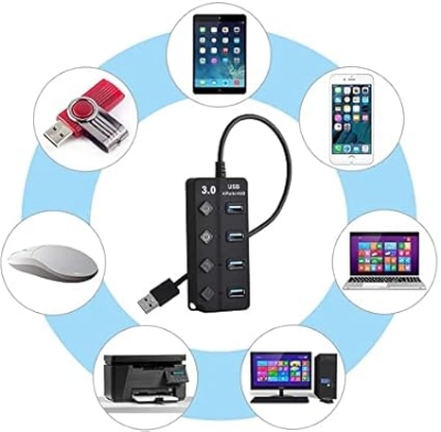 Picture of New Type A 4 Ports 3.0 USB HUB Turn on/Off per Port 5 Gbps LED Indication Black 4 Port USB Hub For PC Computer laptop smart[hones high speed data transfer supported - Black