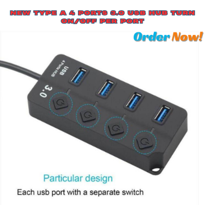 Picture of New Type A 4 Ports 3.0 USB HUB Turn on/Off per Port 5 Gbps LED Indication Black 4 Port USB Hub For PC Computer laptop smart[hones high speed data transfer supported - Black