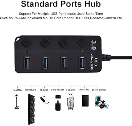 Picture of New Type A 4 Ports 3.0 USB HUB Turn on/Off per Port 5 Gbps LED Indication Black 4 Port USB Hub For PC Computer laptop smart[hones high speed data transfer supported - Black