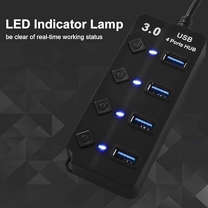 Picture of New Type A 4 Ports 3.0 USB HUB Turn on/Off per Port 5 Gbps LED Indication Black 4 Port USB Hub For PC Computer laptop smart[hones high speed data transfer supported - Black