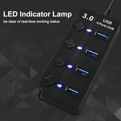 Picture of New Type A 4 Ports 3.0 USB HUB Turn on/Off per Port 5 Gbps LED Indication Black 4 Port USB Hub For PC Computer laptop smart[hones high speed data transfer supported - Black
