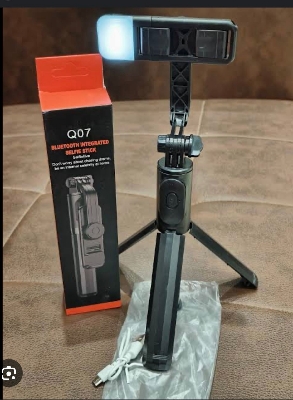 Picture of Q07 Selfie Stick For Smartphone Bluetooth System Remote Controll Strong Premium Plastic Body With LED Flash Light 2.5 Feet Long Black Colour Rechargable Light - Black