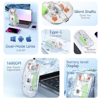 Picture of Transparent Rechargable Wireless Bluetooth Mouse For Smartphone, Laptop & Computer White - transparent