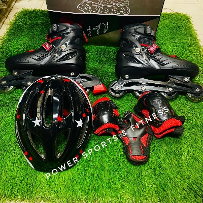 Picture of Inline Roller Skates Shoes For Kids- Black - 1 pair - Size (39-42) With Free Guard & Helmet - Sports Alpha Black