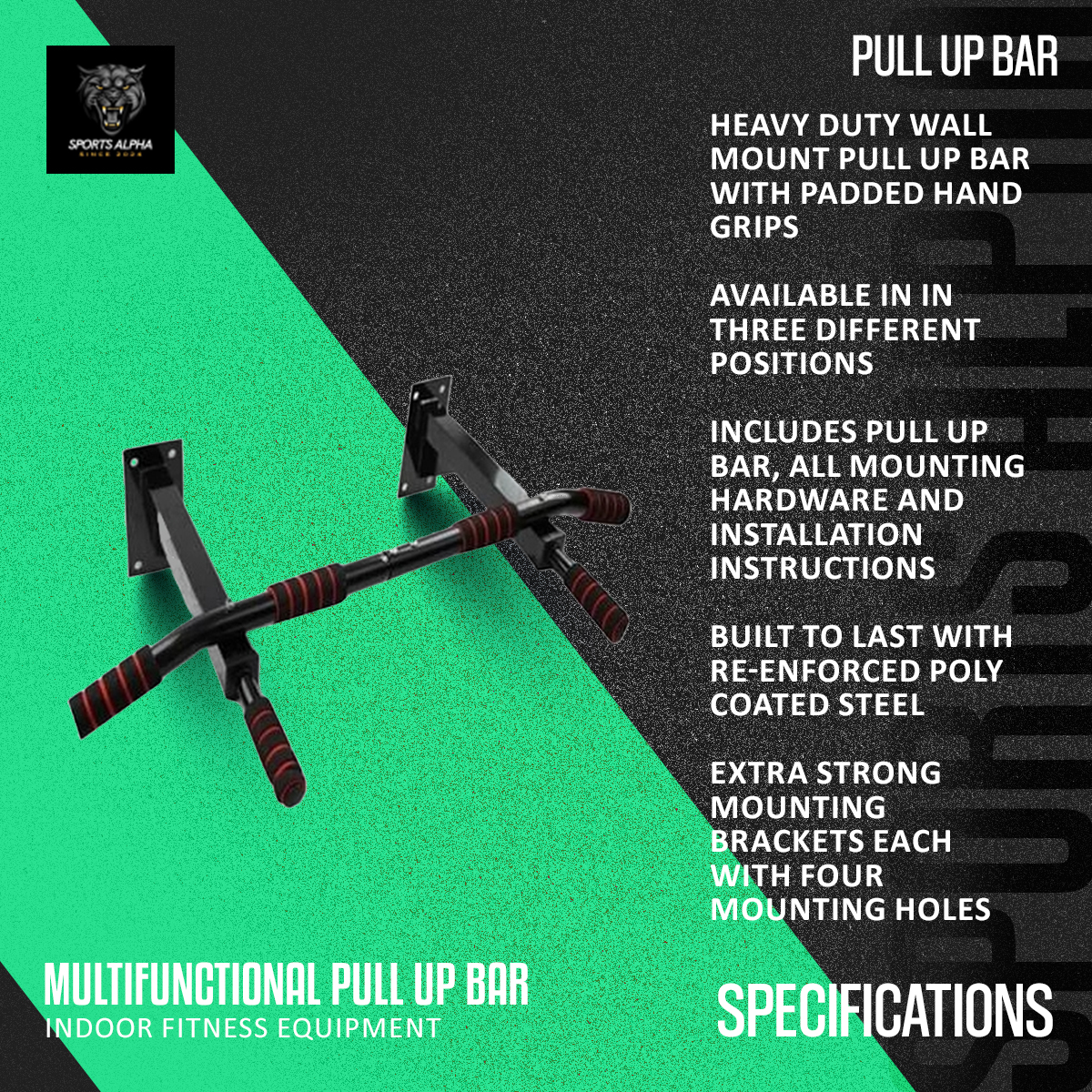 Picture of Wall Mounted Pull Up Bar - Weight Capacity 200kg - Full Body Strength Training Tool - Fitness Equipment for Home Gym - Sports Alpha Black