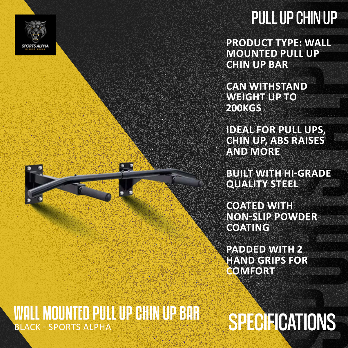 Picture of Wall Mounted Chin-Up Bar – Black –  1 Pcs – Home Gym Fitness | Sports Alpha Black