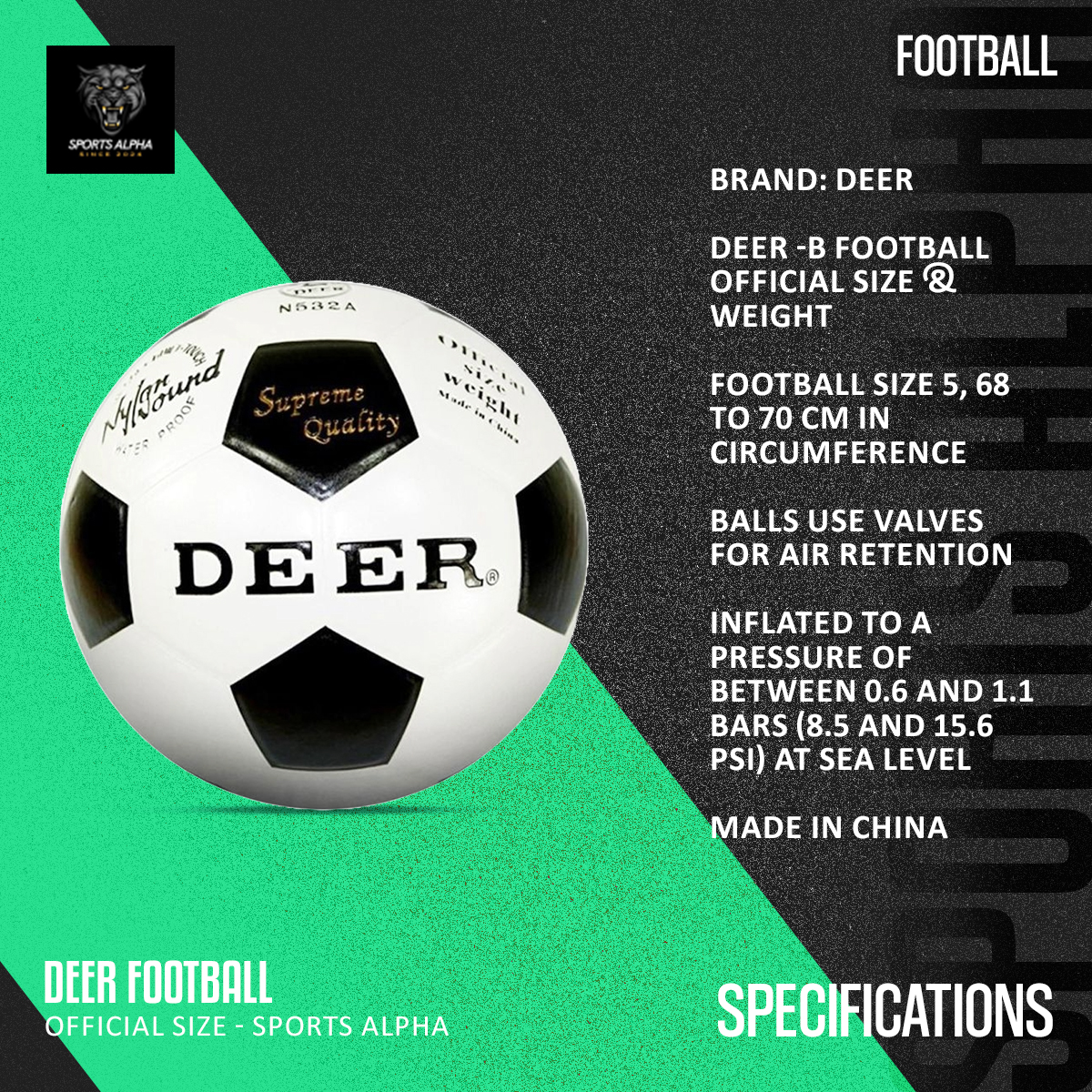 Picture of Deer Football – Official Size – Durable & High Quality – Sports Alpha Black and White