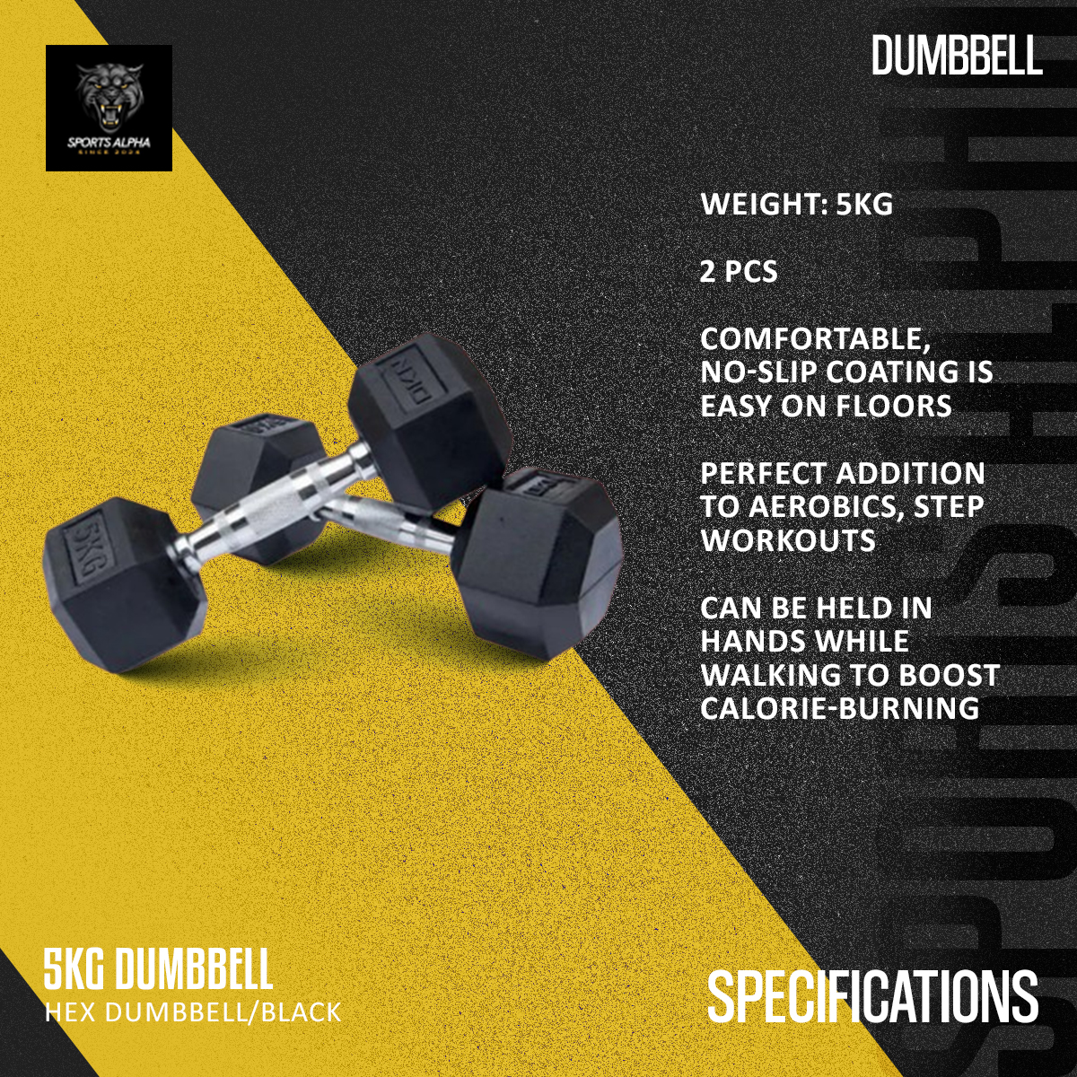 Picture of Hex Dumbbell - 5kg Dumbbell(1Pair) - 10 KG - Black - Sports Alpha Black