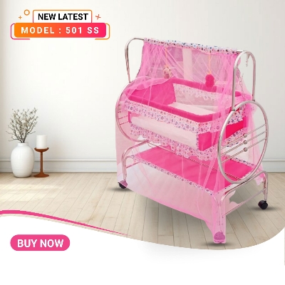 Picture of Stainless Steel Dolna Bed for New Born Baby – Cozy Nest Cradle model no SS-501 With Support & Mosquito Net