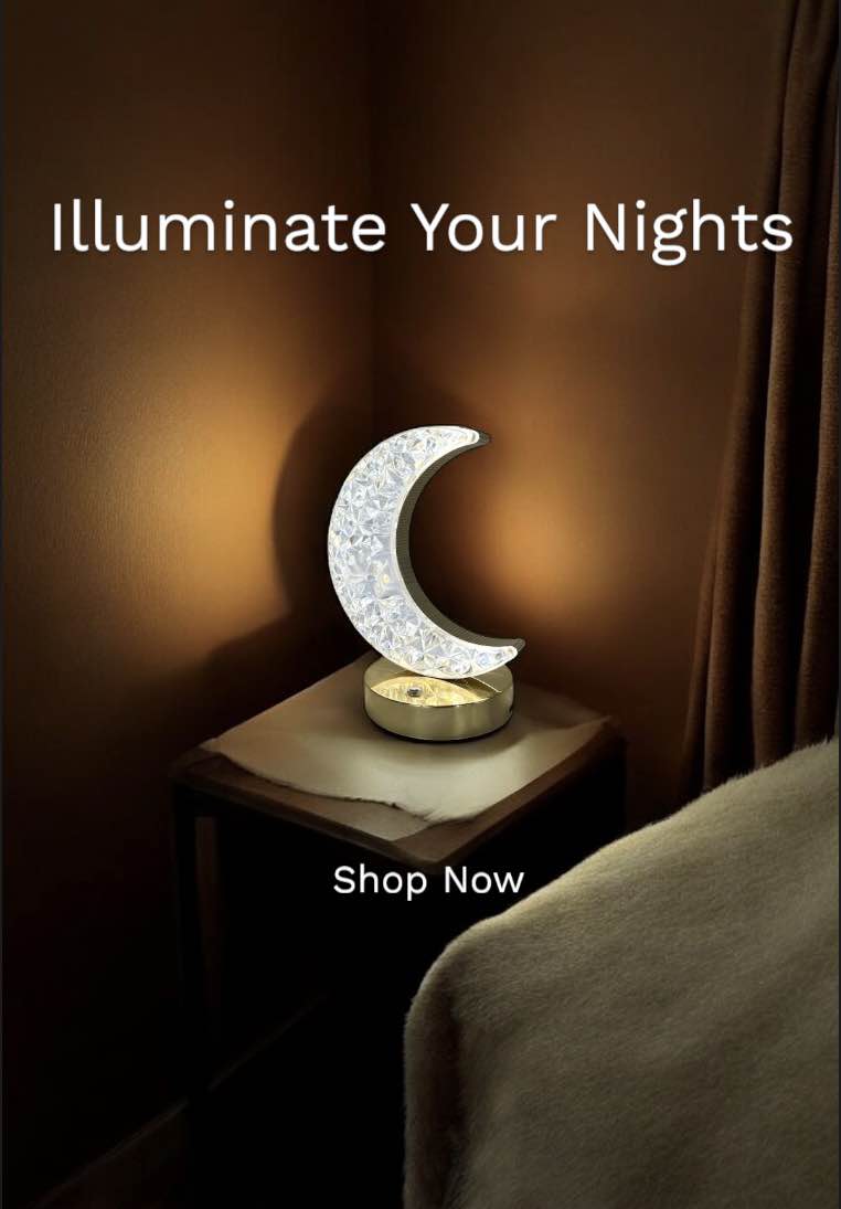 Picture of Moon Shaped LED Crystal Table Lamp – USB Rechargeable Touch Control Night Light with 3 Brightness Levels & 12-Hour Battery Backup