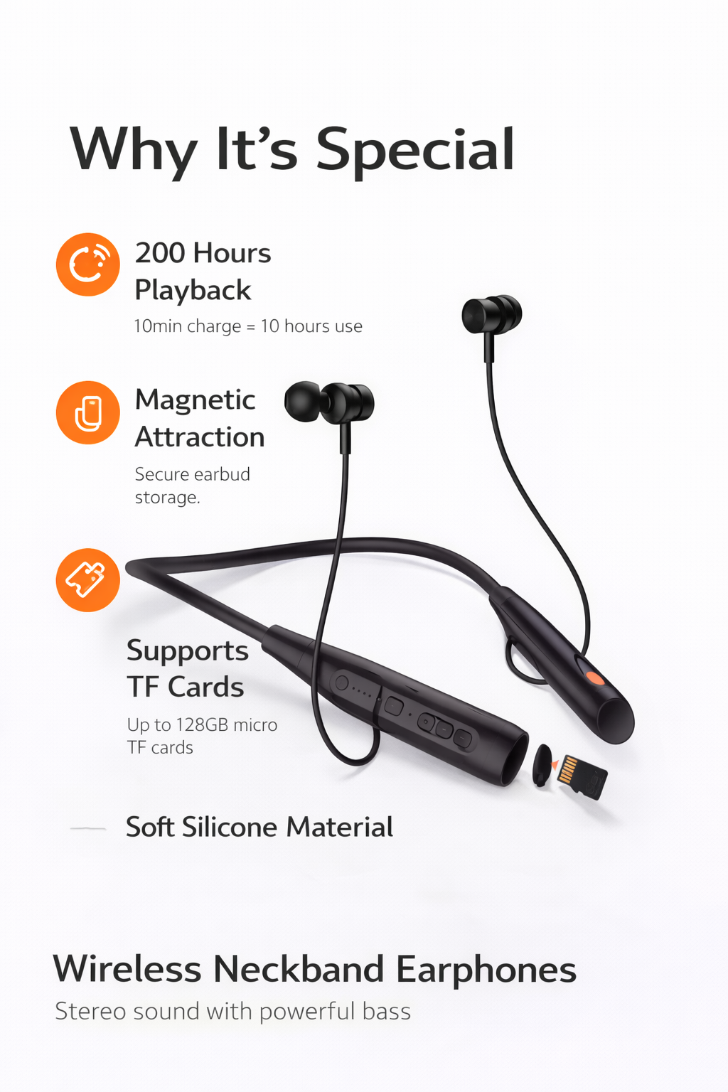 Picture of Hoco MMJ-01 Wireless Bluetooth Neckband Earphone | 200 Hours Playback | Magnetic Earbuds | TF Card Support | Deep Bass Black