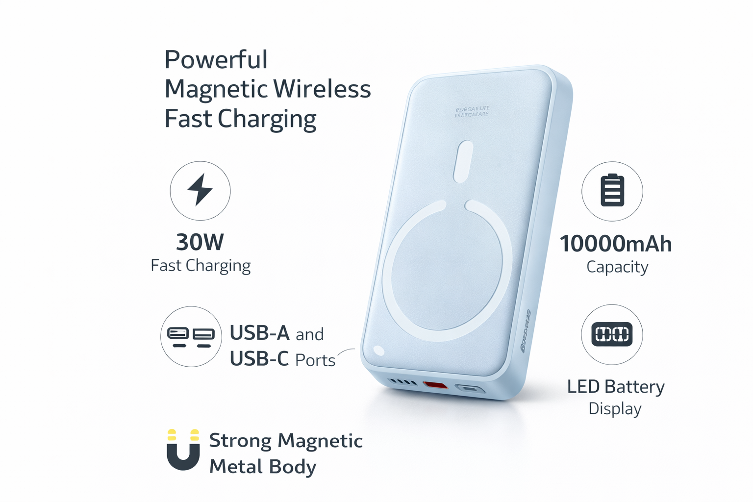 Picture of BASEUS 10000mAh Magnetic Wireless Power Bank 30W Fast Charging | USB-C White