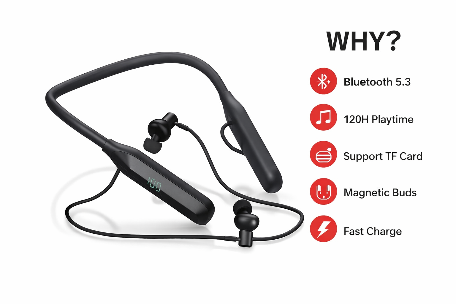 Picture of Original TRANYOO T-M28 Wireless Neckband - 120H Music Time | Bluetooth 5.3 | LED Digital Display | Magnetic Sports Gaming Earphone Black