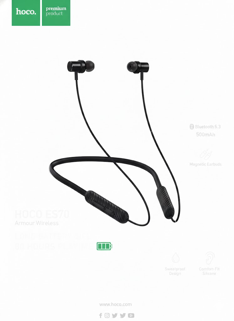 Picture of HOCO ES70 Armour Wireless Neckband Earphones - Bluetooth 5.3 - 500mAh Battery - 80 Hours Playtime - Magnetic Design - Sweatproof Sports Headphones Black