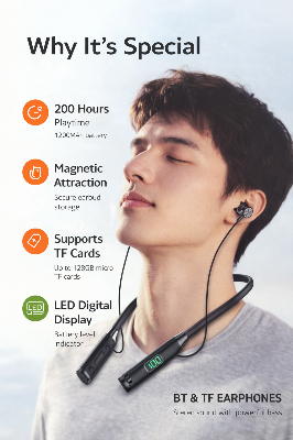 Picture of HOCO MMJ-19 Bluetooth Neckband Earphones | 200 Hours Playback | 1200mAh Battery | Bluetooth 5.4 | TF Card Support Black