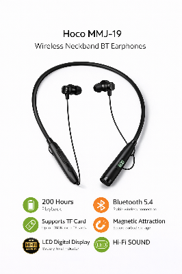 Picture of HOCO MMJ-19 Bluetooth Neckband Earphones | 200 Hours Playback | 1200mAh Battery | Bluetooth 5.4 | TF Card Support Black