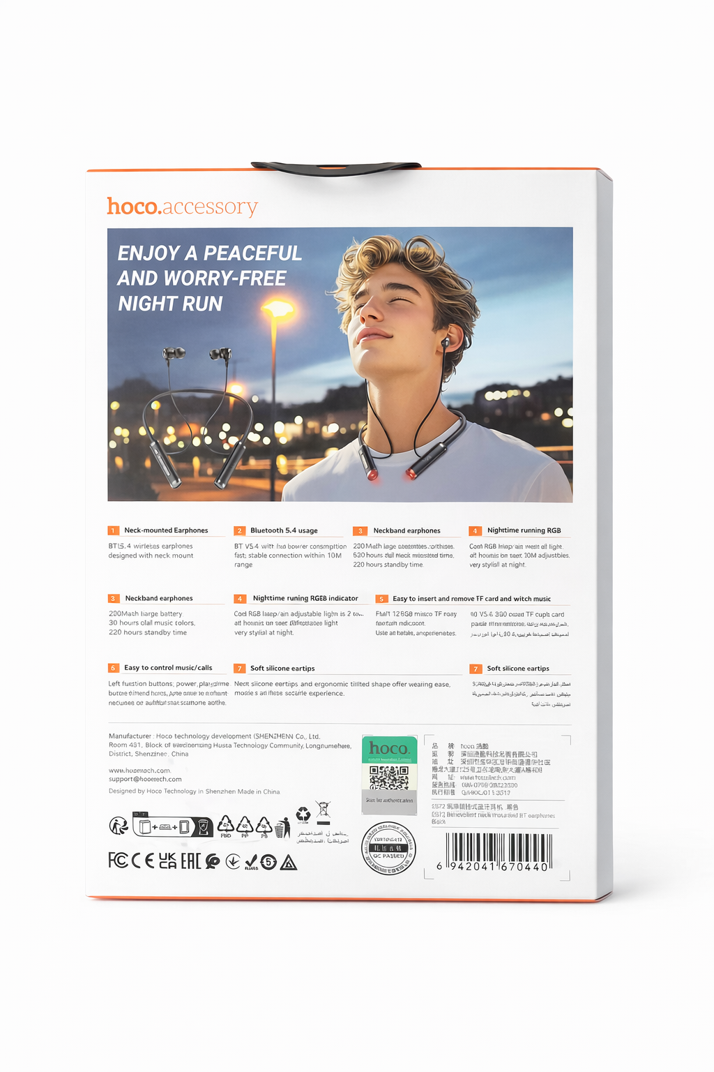 Picture of HOCO ES72 Benevolent Wireless Neckband Earphones - Bluetooth 5.4 - 30 Hours Playtime - 200mAh Battery - RGB Night Light - Magnetic Design - Type-C Charging Black