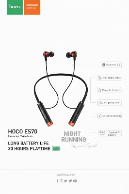 Picture of HOCO ES72 Benevolent Wireless Neckband Earphones - Bluetooth 5.4 - 30 Hours Playtime - 200mAh Battery - RGB Night Light - Magnetic Design - Type-C Charging Black