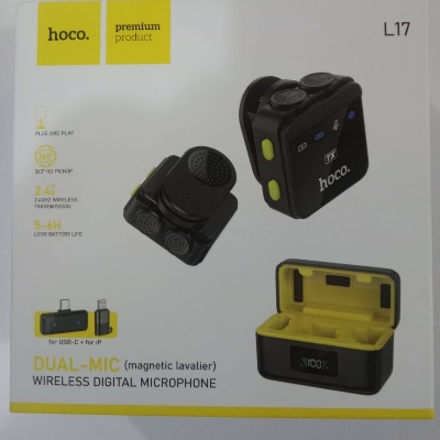 Picture of HOCO L17 Dual Mic Wireless Digital Microphone | 2.4GHz Lavalier Mic for Type-C & iPhone | Plug & Play Black