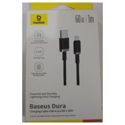 Picture of Baseus Dura 60W Fast Charging Cable USB-A to USB-C - 1m High-Density Nylon Braided Data Cord - Unbreakable Aluminum Alloy Shell Black