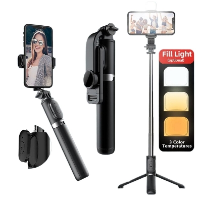 Picture of Q07 Bluetooth Selfie Stick Tripod with LED Fill Light - Wireless Remote Control Extendable Phone Stand for Vlogging & Live Stream Black