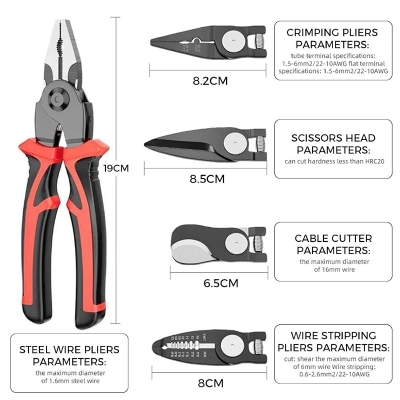 Picture of EAFIXS 5 Head Plier 5-In-1 Multifunctional Wire Stripper, Combination Interchangeable Pliers Kit, Wire Stripper, Wire Crimping Tool, Linesman Pliers, Cable Cutter, Electricians Scissor with Storage Case (Black)