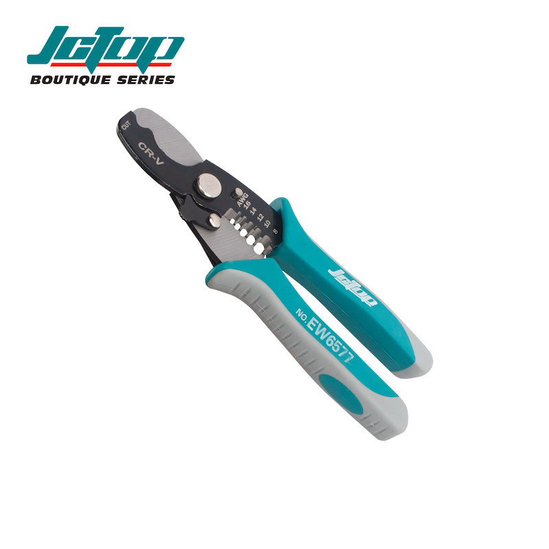 Picture of JCTOP AWG 8-16mm Electrician's Universal Cable Stripping Pliers Soft Grip Plastic Wire Cutting Crimping Multi-Function-EW6577 (Light blue)