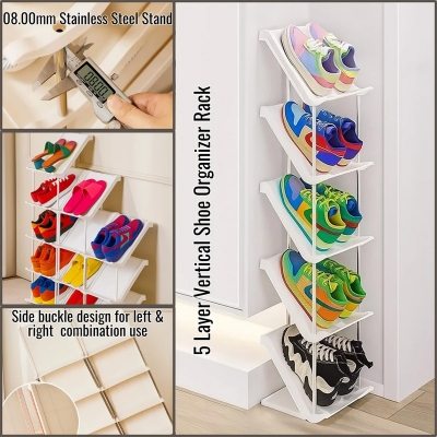 Picture of 5 Layer Vertical Shoe Rack Space Saving Cabinet With Strong Load Bearing Stainless Steel Stand(White)