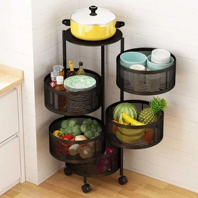 Picture of Premium 5-Layer Round Rotating Kitchen Storage Rack - Multi-Layer Kitchen Organizer with Wheels