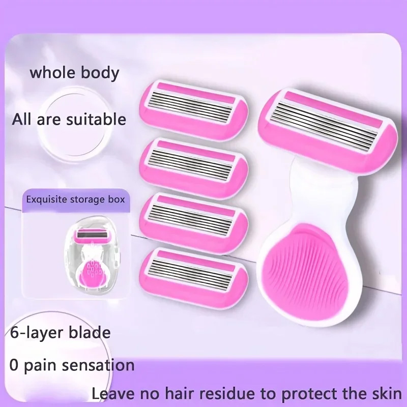 Picture of Pink 6-Layer Lady Portable Shaver Travel Set Mini Razor Hair Removal Tool Shell Soap Travel