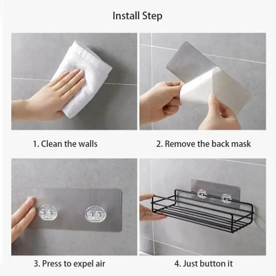 Picture of Iron Frame Punch Free Storage Organizer Shelf Shower Free Mounted Caddy Rack (2pcs Set)