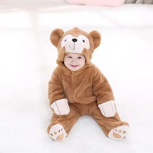 Picture of Baby Children's Jumpsuit Plush Textured Cartoon Bear Design Hooded Long Sleeve Warm Romper 6 month