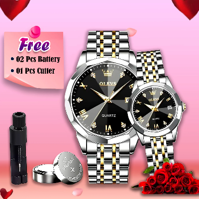Picture of Butter  Fly Lock Olievs  Stainless Steel fashionable  Couple watches +1pcs chain cutter+ 2 pcs battery  Silver black