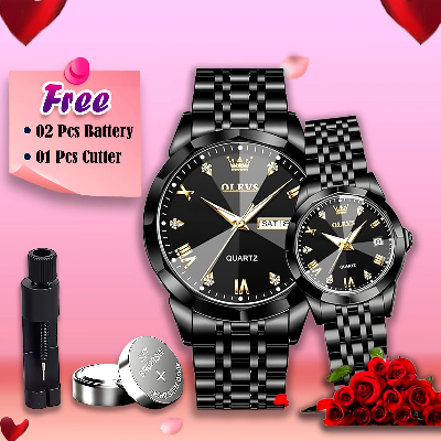 Picture of Butter  Fly Lock Olievs  Stainless Steel fashionable  Couple watches +1pcs chain cutter+ 2 pcs battery Full Black