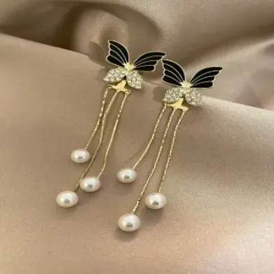 Picture of Cubic Zirconia Decor Butterfly & Faux Pearl Drop Earrings
