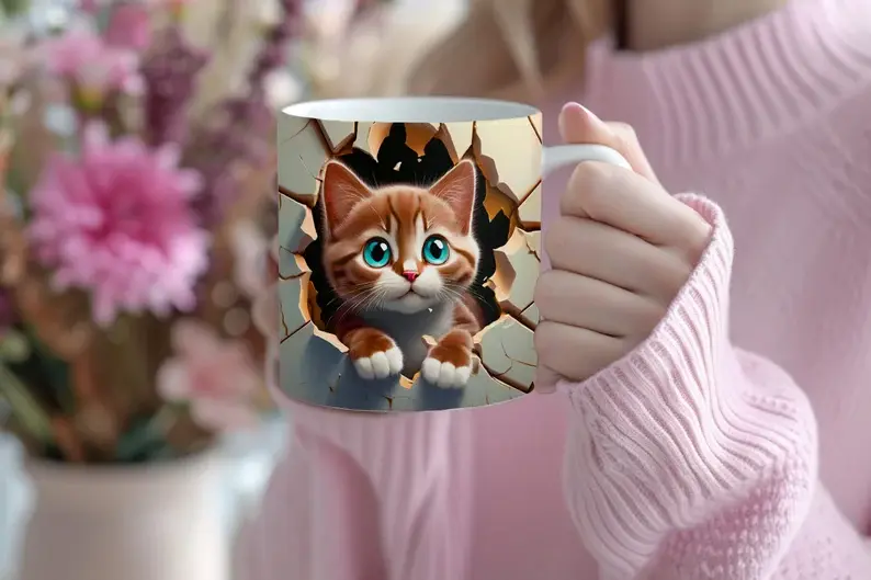 Picture of 3D Cat Hole In A Wall Design Mug