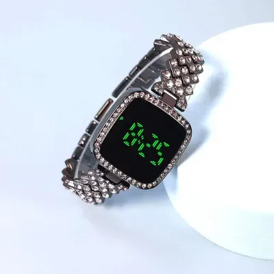 Picture of New Trend Fashion Steel Chain Diamond Women Watch Full Diamond Touch Screen LED Water Diamond Bracelet Watch (black)