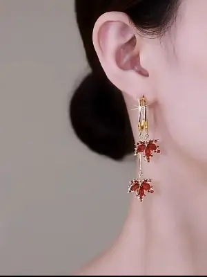 Picture of Fashion Red Maple Leaf Gold Plated Ear Hoop Earrings Dangle Women Jewelry