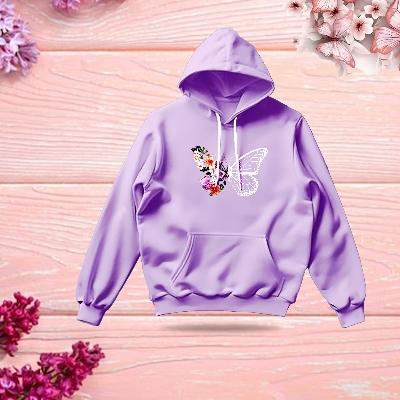 Picture of Premium Comfortable Stylish (Butterflies & Flowers-Light Purple) Ladies winter hoodie