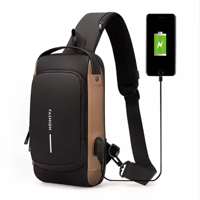 Picture of USB charging sport sling Anti-theft shoulder bag (brown shape )