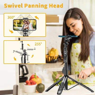 Picture of K-28 Long Video Stand Cum Selfie Stick Tripod with Remote - 360° Rotation Phone Stand with Wireless Remote Control, with light