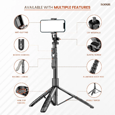 Picture of K-28 Long Video Stand Cum Selfie Stick Tripod with Remote - 360° Rotation Phone Stand with Wireless Remote Control, with light
