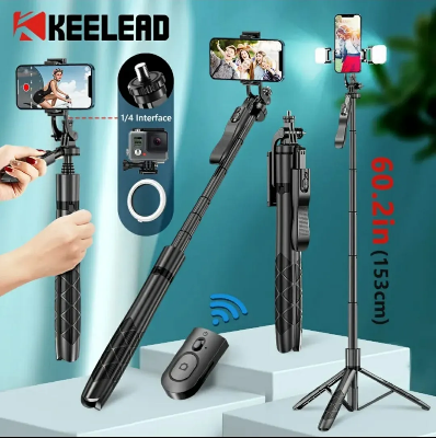 Picture of K-28 Long Video Stand Cum Selfie Stick Tripod with Remote - 360° Rotation Phone Stand with Wireless Remote Control, with light