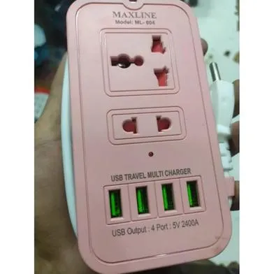 Picture of Maxline ML-604 4 USB Ports 2 Sockets Travel Multi Charger And Extension Socket With 6 Feet Cable